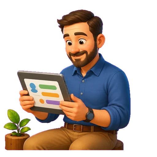 Un padre mirando en la tablet el perfil y el progreso de su peque