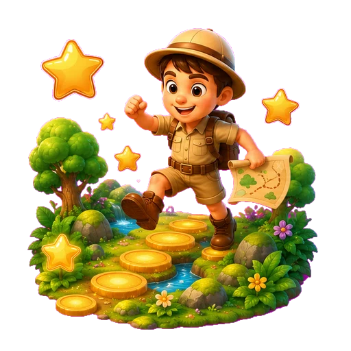El explorador saltando por el camino de losetas doradas del bosque
